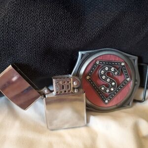 NWOT Pink rhinestone Superwoman belt buckle with refillable butane lighter